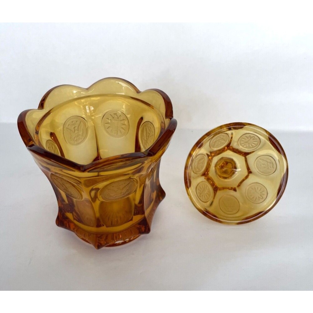 Vintage Fostoria Coin Amber Glass Lidded 1887 Candy Dish Liberty Torch Eagle USA - Picture 5 of 9